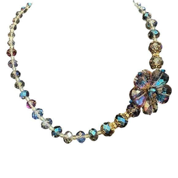 Vintage Kaleidoscope Crystal Beaded Collar With Flower Pendant - Picture 1 of 7
